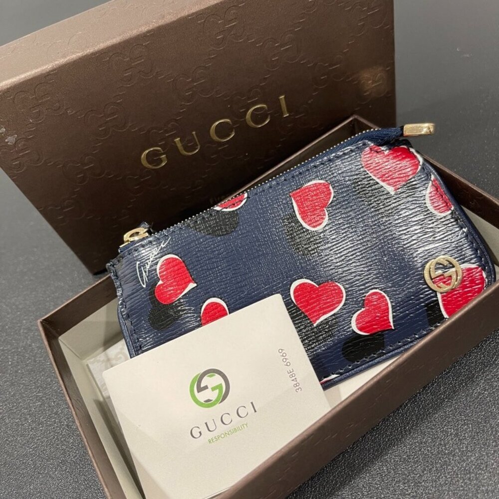 Gucci Navy Card Holder with Red Heart Print